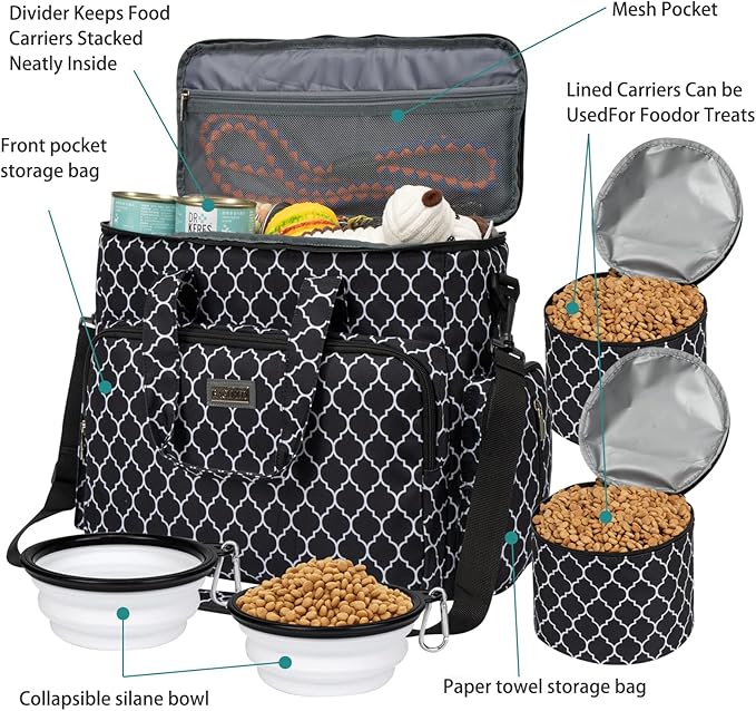 BAGLHER Dog Travel Bag, Pet Travel Bag (ALL Pet Travel Supplies), With 2 Pet Food Containers and 2 Collapsible Silicone Bowls; Essential Kits for Pet Travel DLblack-PawvioPets