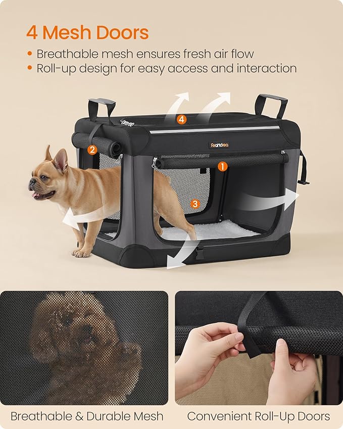Feandrea Collapsible Dog Crate, 24-Inch Portable Dog Travel Crate for Small Dogs, Oxford Fabric Pet Carrier with 4 Mesh Doors, Handles, Storage Pocket, Water Bottle Holder, Ink Black UPDC016B01-PawvioPets