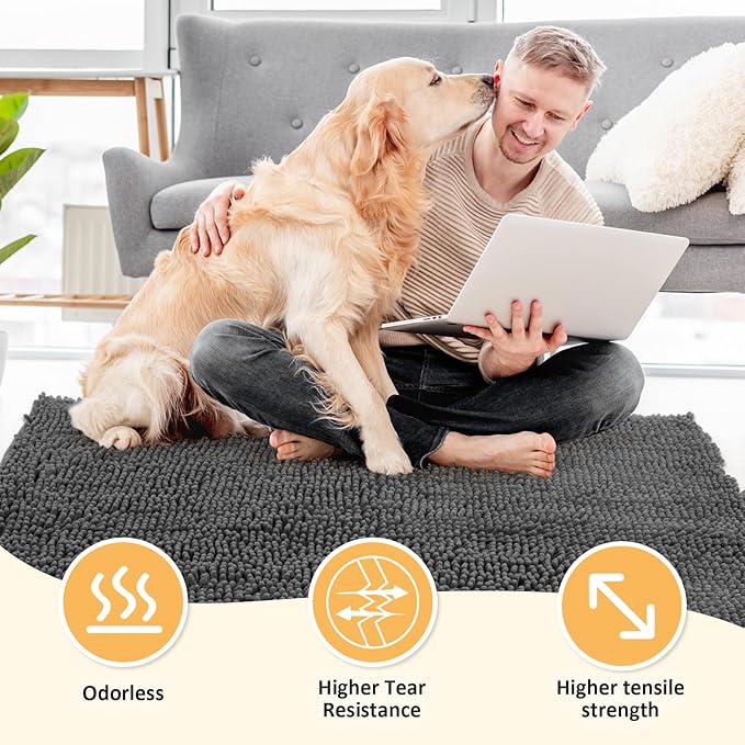 Absorbent Dog Door Mat for Muddy Paws, 60" x 24" Chenille Indoor Mats for Entryway, Trap Dirt Front Door Mat Indoor Entrance Washable Non Slip Soft-PawvioPets