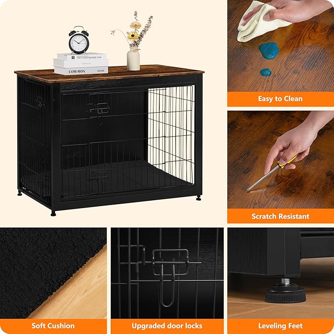 DWANTON Dog Crate Furniture with Cushion, Wooden Kennel Table with Double Doors, Indoor Dog House, Extra Large Size, 43.3" L, Black+Rustic Brown-PawvioPets