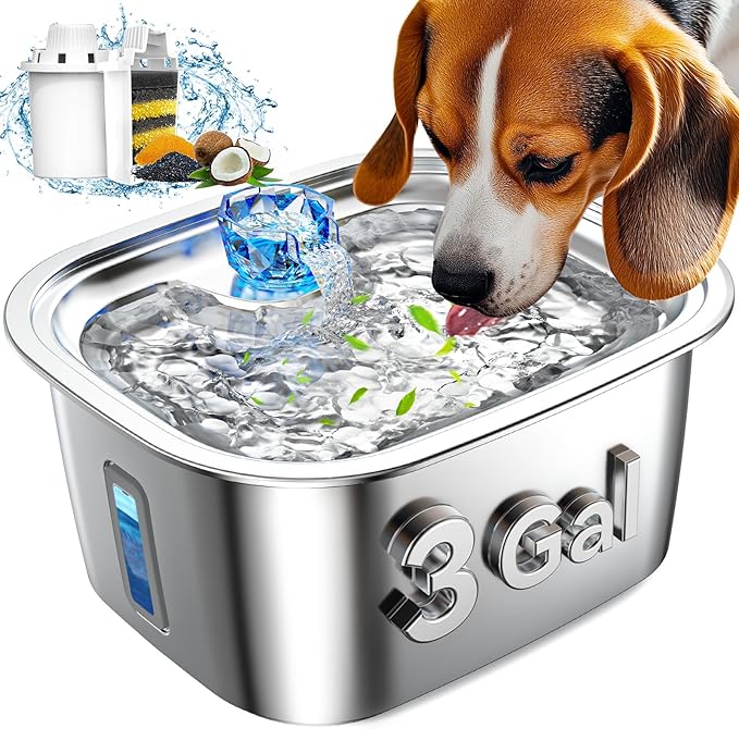 Dog Water Fountain for Large Dogs Stainless Steel, 3Gal Extra Large Dog Water Bowl Dispenser with 2 Filters & Visual Window, Automatic Filtered Pet Fountain Indoor, Quiet Safe Pump with LED Indicator-PawvioPets