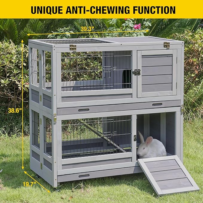 Aivituvin Large Rabbit Hutch Indoor and Outdoor Folding Bunny Cage on Wheels Guinea Pig Cage with Deep No Leak Pull Out Tray,Upgrade Version (Light Gray)-PawvioPets
