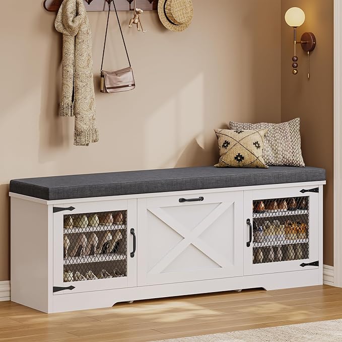 Farmhouse Storage Bench with Flip Drawers & Padded Seat Cushion, Half Hidden Shoe Rack Organizer, Adjustable Shelf Shoe Cabinet for Large Family, Entryway, Bedroom, Living Room (White)-PawvioPets