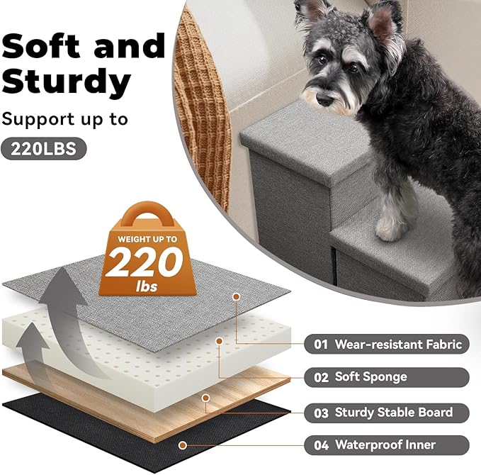 Dog Stairs with Storage 23" H, 4-Step Wider Dog Steps for High Beds Window, Folding Sturdy Pet Stairs Gift for Injured Old Dogs Cats, Ramp for Climbing Car Up to 200 lbs,(Gray, No Condo)-PawvioPets