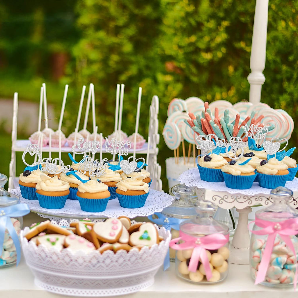 Gyufise 24Pcs Bride to Be Cupcake Toppers Silver Glitter I Do Love Heart Ring Miss To Mrs Cupcake Picks Bridal Shower Cake Decorations for Wedding Engagement Bachelorette Party Supplies