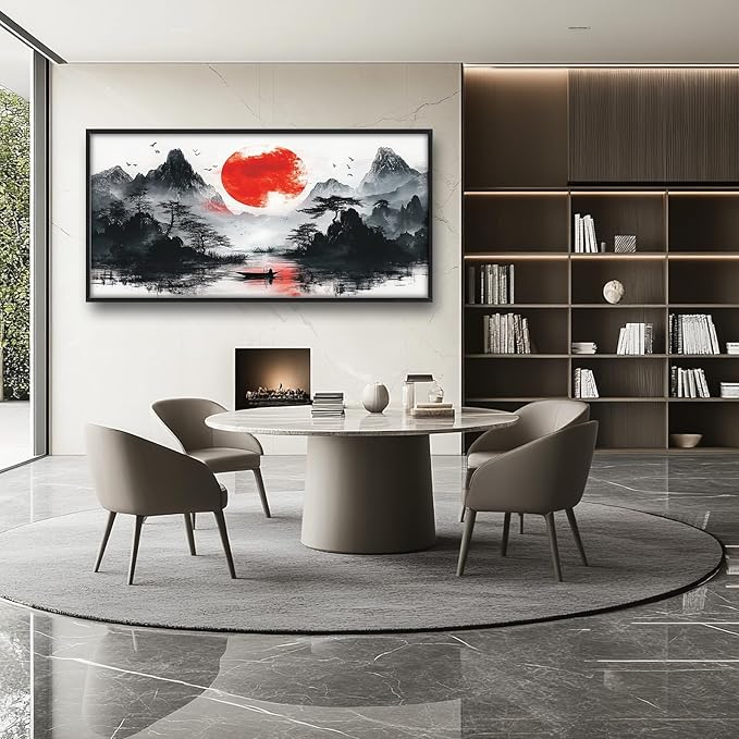 Framed Large Japanese Mountain Wall Art for Living Room, Oversized Asian Red Sun Lake Landscape Wall Decor Nature Canvas Painting Home Decoration for Living Room Bedroom Office 60"x30"-PawvioPets