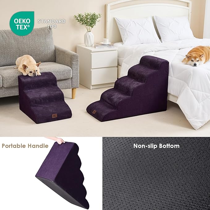 EHEYCIGA Curved Dog Stairs Ramp for Small Dogs 15.7" H, 3-Step Dog Steps for Couch Sofa and Chair, Pet Stairs for Cats, Non-Slip Balanced Pet Steps Indoor, Purple-PawvioPets