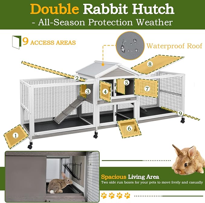 Double Rabbit Hutch Outdoor Indoor Large Bunny Cage with Dual Side Runs, 2-Story Wooden Hutch with 4 Leak Proof Trays, 8 Wheels, Waterproof Roof, Ramp, for Small to Medium Animals-PawvioPets
