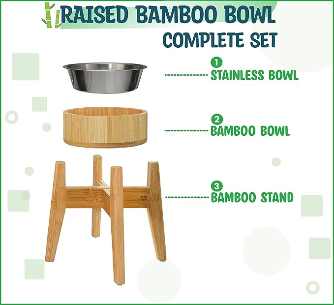 Elevated Dog Bowls for Large Breed - (15-Inch Tall, 74-oz Cap), Deter Ants and Bugs - Raised Single Feeder, Suitable for Dry and Wet Pet Foods - Bamboo with Stainless Steel Dish-PawvioPets
