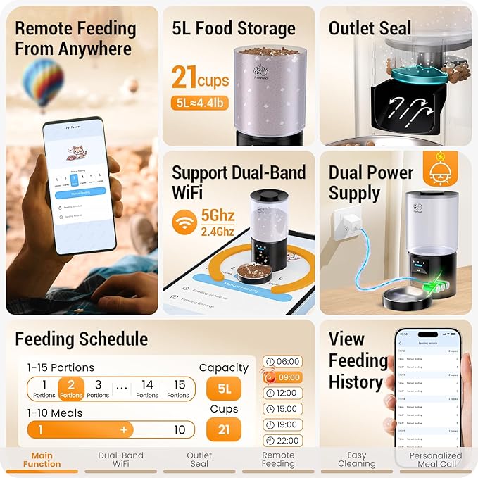 5L Automatic Cat Feeder with Sealed Outlet: 5G WiFi Automatic Dog Feeder with APP Control, Auto Cat Food Dispenser with Voice Recording for Pets, Detachable for Easy Clean - 21 Cup-PawvioPets
