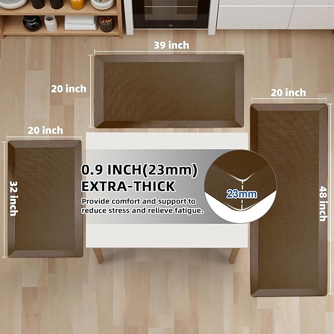 2 PCS Anti Fatigue Kitchen Mats for Floor, Brown 9/10 Extra Thick Cushioned Standing Desk Mat, Comfort Memory Foam Ergonomic Rugs and Mats Non-Slip Waterproof for Office, Kitchen, 20"x32"+20"x48"-PawvioPets