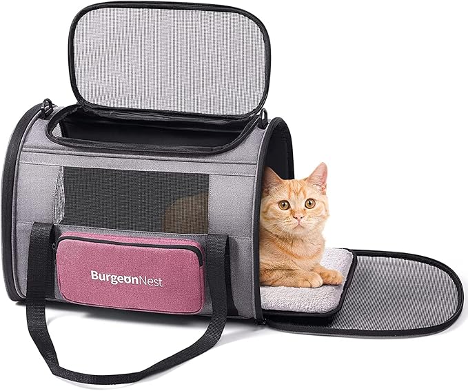 BurgeonNest Cat Carriers for Medium Puppy Under 25 lbs, Pet Carrier for Cats with Unique Side Bag,Top Load Small Pet Bag Soft-Sided Escape Proof with 4 Ventilated Windows-PawvioPets