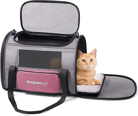 BurgeonNest Cat Carriers for Medium Puppy Under 25 lbs, Pet Carrier for Cats with Unique Side Bag,Top Load Small Pet Bag Soft-Sided Escape Proof with 4 Ventilated Windows-PawvioPets
