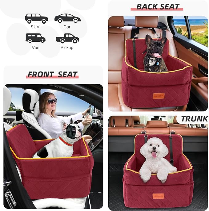 Dog Car Seat for Small Medium Dogs, Memory Foam Puppy Dog Booster Seat with Thick Cushion for Dogs Under 35lbs, Detachable Washable Pet Car Seat Travel Bed with Storage Pockets,2 Safety Belts-PawvioPets