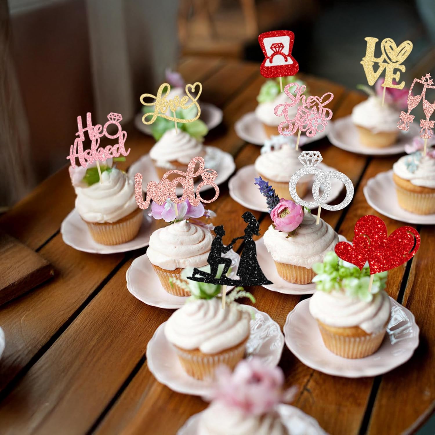 Ephlyn 30Pcs He Asked She Said Yes Cupcake Toppers Glitter Engagement Cupcake Toppers Diamond Ring Heart Love I Do Cupcake Picks for Engagement Wedding Party Cake Decorations Multicolor
