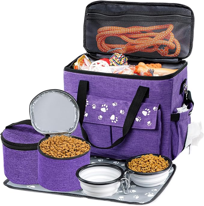 Dog Travel Bag, Airline Approved Dogs Bags for Traveling, 2 Dog 's Food Travel Container and Collapsible Bowls, Weekend Pet Travel Bags (X-Large)-PawvioPets