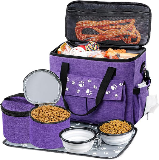 Dog Travel Bag, Airline Approved Dogs Bags for Traveling, 2 Dog 's Food Travel Container and Collapsible Bowls, Weekend Pet Travel Bags (X-Large)-PawvioPets