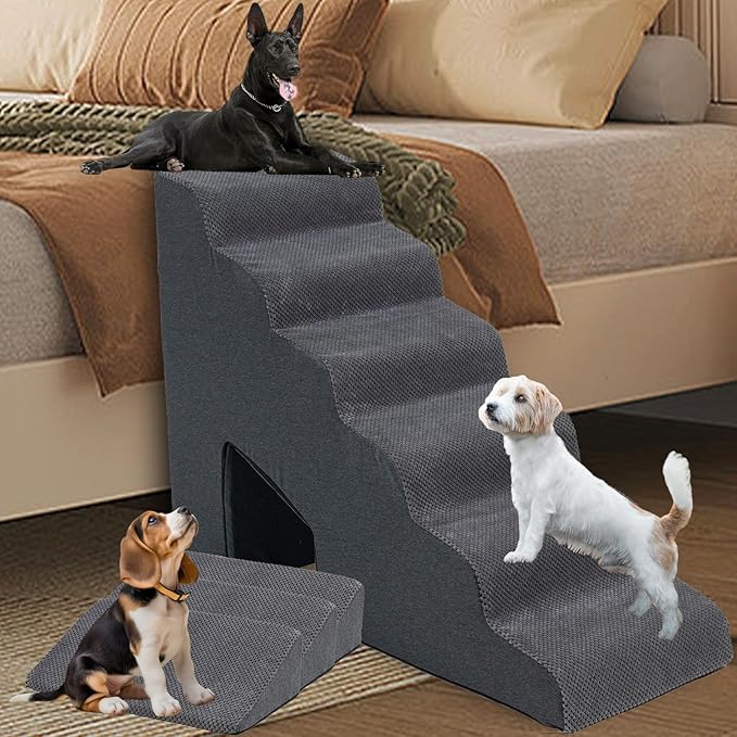 Dog Stairs & Steps Ramps for High Beds 30 inches High Tall, LitaiL 6 Step Pet Stairs Steps for Small Large Dogs, Non-Slip Dog Ramps with 3 Pack Ramps for Staircase-PawvioPets