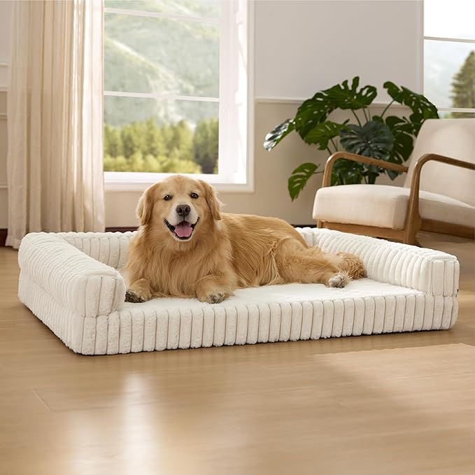 Bedsure Orthopedic Dog Beds for Extra Large Dogs, Waterproof Memory Foam XL Pet Bed with Sides, Non-Slip and Egg-Crate Foam Big Dog Couch Sofa with Washable Removable Corduroy Cover, Cream-PawvioPets