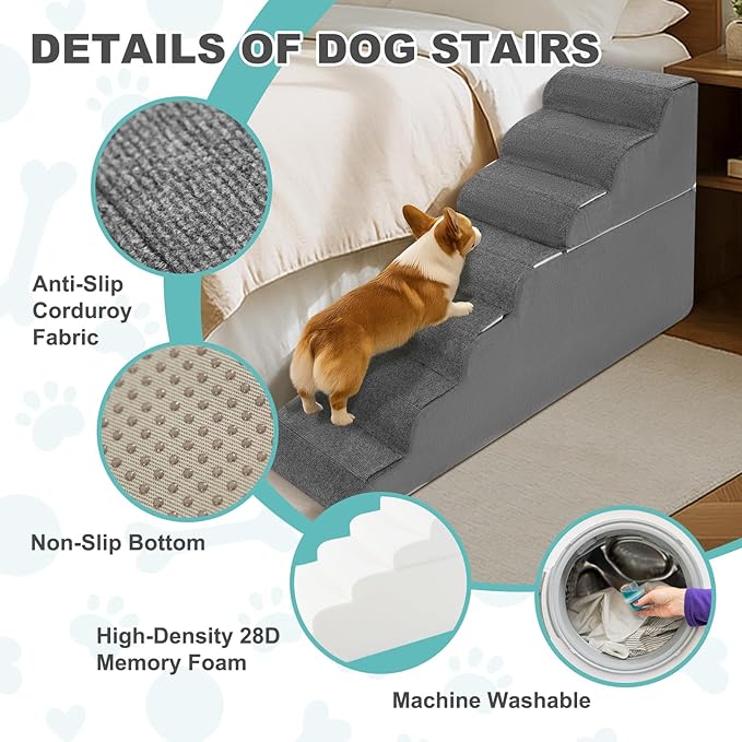 5-Step Dog Stairs for High Bed - 21.3" Adjustable Dog Ramps for Couch, Non-Slip Sturdy Pet Steps for Small Dogs, Washable Cover, Removable Modular Design, Dual 11” & 12.83” Steps for Custom Height-PawvioPets