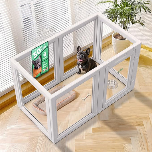 FXW AuraSpace Acrylic Indoor Unleashed Dog Playpen for Small and Medium Dogs, 30 Inch, 6 Panels, White-PawvioPets