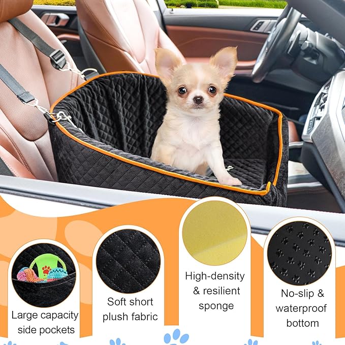 Dog Car Seat for Small Dogs, Memory Foam Booster Dog Seat for Dogs up to 35 lbs, Elevated Pet Car Seat with Washable Removable Cover, Storage Pockets (Black)-PawvioPets