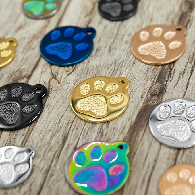 Engraved Pet Tag for Dogs and Cats - Personalized Front & Back up to 4 Lines of Text Custom Engraved ID, Round Paw Print Solid Plating Stainless Steel Gold Small-PawvioPets