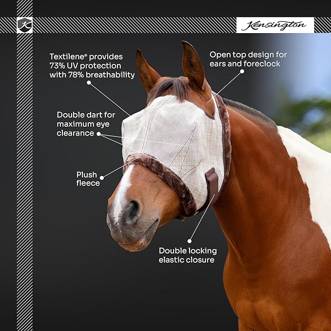 Kensington Fly Mask with Fleece Trim for Horses — Protects Face and Eyes from Flies and Sun Rays While Allowing Full Visibility — Breathable and Non Heat Transferring, XX-Large, Imperial Jade-PawvioPets
