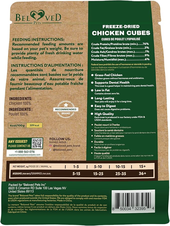 Beloved Pets Dog & Cat Treats Freeze Dried Chicken Cubes 5.3 oz - All Natural Meat Raw Pet Food - Human Grade High-Protein Snacks & Grain-Free Jerky Chews for Cats and Small Dogs-PawvioPets