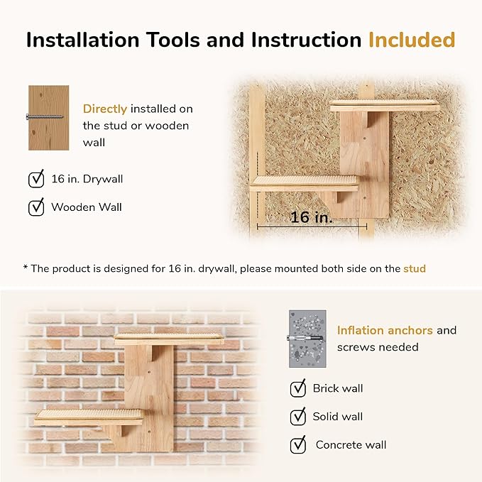 FUKUMARU Cat Wall Shelves, 2 Platform Kitten Wall Furniture, Tree Shape Wall-Mounted Floating Shelf with Sisal Mat, Solid Rubber Wood Cats Perch for 16 Inch Drywall, Suitable for Climb, Play, Nap-PawvioPets