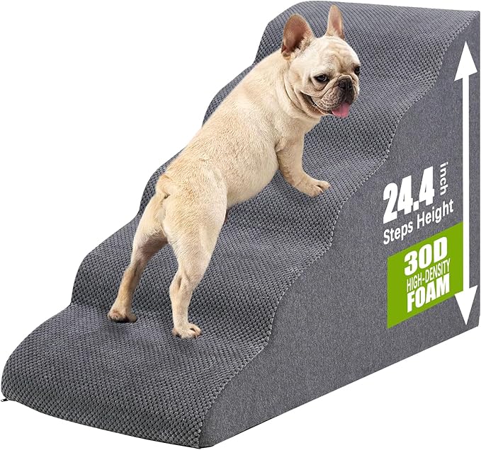 Dog Stairs&Steps for High Beds Up to 28'', 5-Step Dog Ramp for Small Medium Dogs with Washable Cover, Non-Slip Steps for Cats to Get on Couch and Sofa, Durable Foam Ladders, 24.4" Tall, Grey-PawvioPets