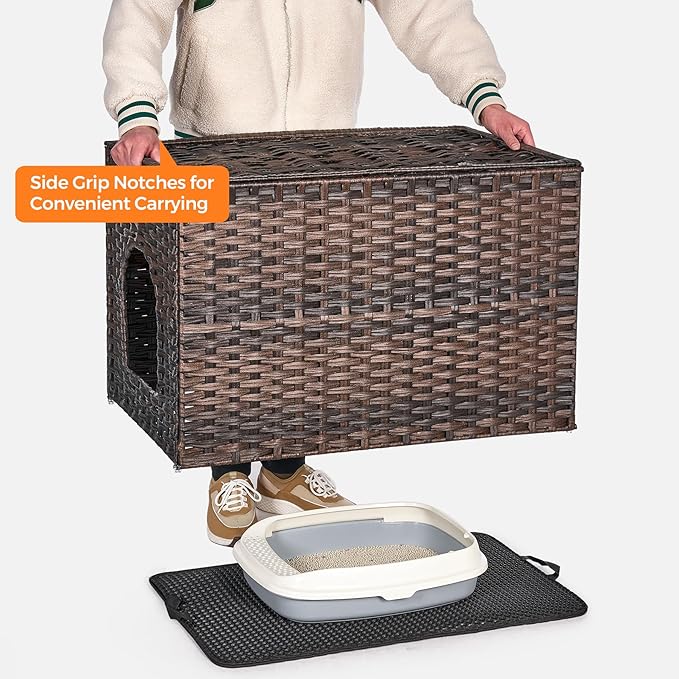 Cat Litter Box Enclosure with Litter Trapping Mat; Handwoven Plastic Rattan Kitten House; No Installation Hidden Cat Washroom; Pet Crate for Balcony,Bedroom,Living Room-PawvioPets
