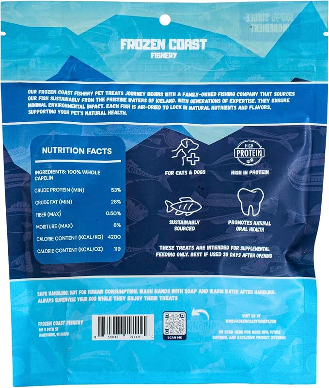 Frozen Coast Capelin Cat & Dog Treats- Single-Ingredient, All-Natural, High-Protein, Omega-3s, Fish Snacks (3 oz Bag)-PawvioPets