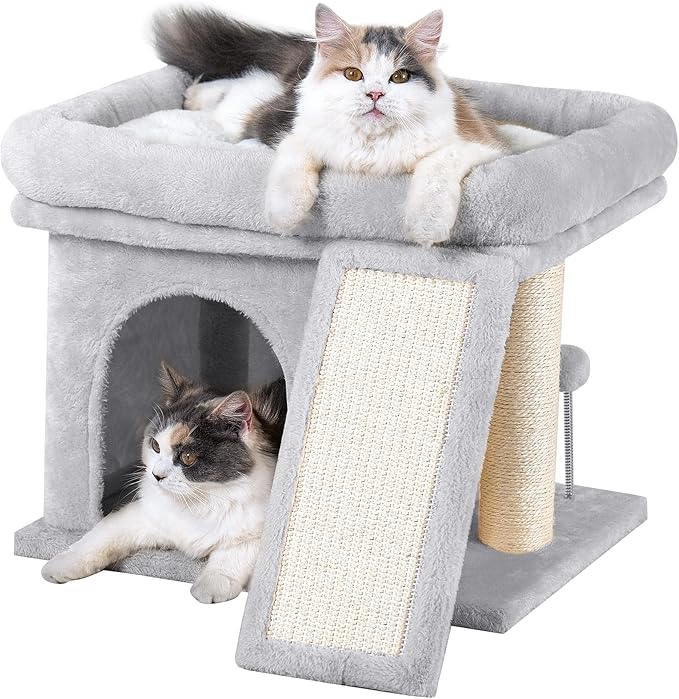 14in Cat Tree Tower with 20 * 16.5in Perch Bed and Washable Top for Large Adult Cats, Condo and Scratching Post for Indoor Kitten Pet, Light Gray-PawvioPets