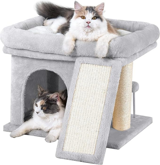 14in Cat Tree Tower with 20 * 16.5in Perch Bed and Washable Top for Large Adult Cats, Condo and Scratching Post for Indoor Kitten Pet, Light Gray-PawvioPets