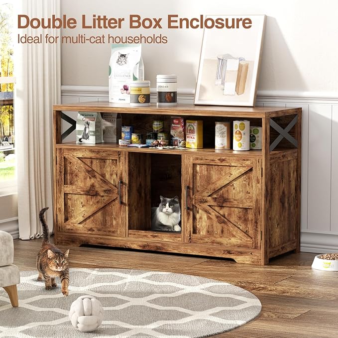 Cat Litter Box Enclosure for 2 Cats, 47" Double Hidden Litter Box Furniture with Scratch Pad, Farmhouse Indoor Litter Box Cabinet Cat Washroom, Rustic Brown-PawvioPets