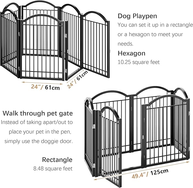 BHG Metal No-Assembly Freestanding Dog Gate with Door Walk Through, Extra Wide 144", Extra Tall 32" Pet Gate, Accordion Puppy Folding Playpen Dog Fence, with 2PCS Support (Black, 6 panesl)-PawvioPets