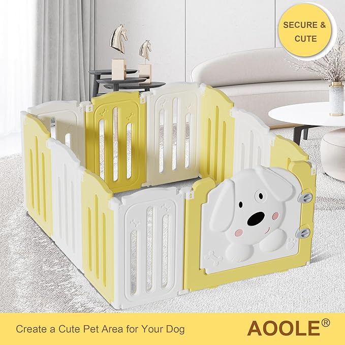 Foldable Dog Play Pen Indoors, Non-Slip Sturdy Puppy Playpen with Door, 25.5" H 10-Panel Adjustable Shape Dog Fence Pen for Small/Medium Dogs, Thickened, Easy to Store, White+Yellow-PawvioPets