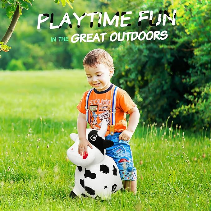 EVERICH TOY Bouncy Horse Cow Toys, Inflatable Bouncing Animal Hopping Toys, Outdoor Indoor Ride on Bouncer, Boys Girls Birthday Gift for 18 Month 2 3 4 5 6 Year Old Kid- Plush Cow Toy-PawvioPets