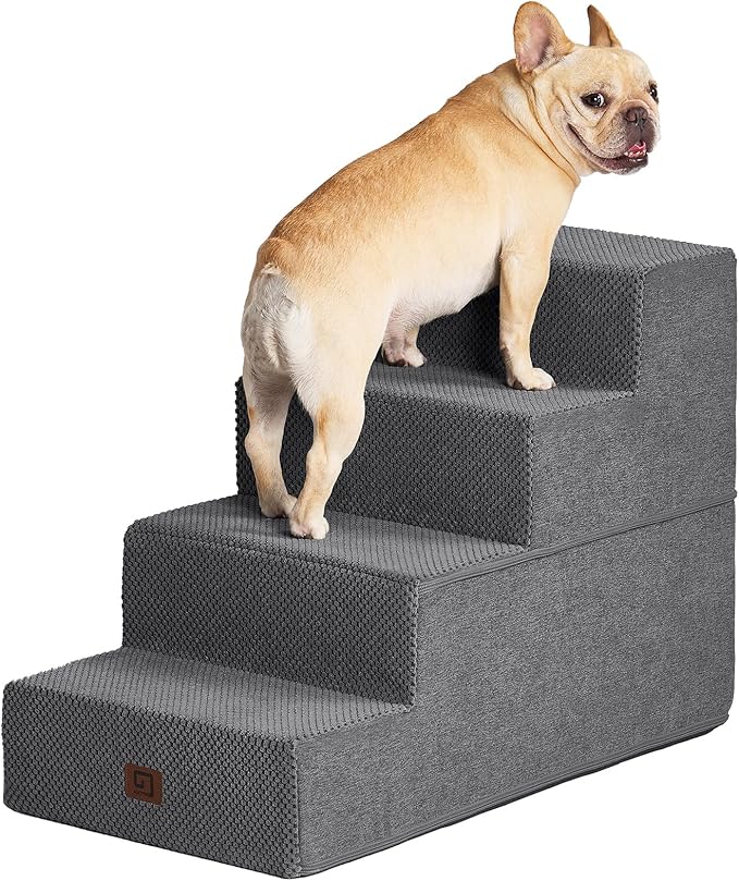 EHEYCIGA Dog Stairs for Bed 20" H, 4-Step Extra Wide Dog Steps for High Bed, Pet Steps for Small Dogs and Cats, Non-Slip Balanced Pet Ramp Indoor, Grey-PawvioPets