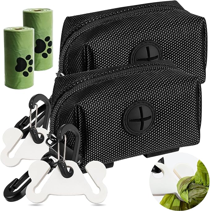 2Packs Dog Poop Bag Holder for Leash Attachment Dog Poop Bag Dispenser Dog Waste Bag Dispensers Dog Poop Bag Holders Fit Dog Leash Accessory With Hand Free Holder Carriers, Black-PawvioPets