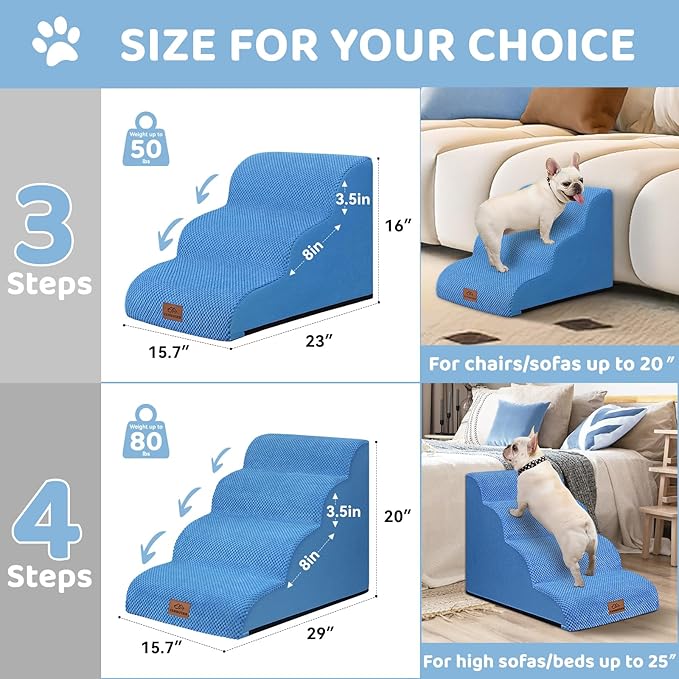 Dog Ramp and Stair for Bed 16" H-20 H,3-Step Cat Stair for Sofa and Chair,4-Step Dog Ramp for High Bed and Window,Durable Nonslip Fabric Cover for Indoor (Blue-16“H, Pet Friendly, 3)-PawvioPets