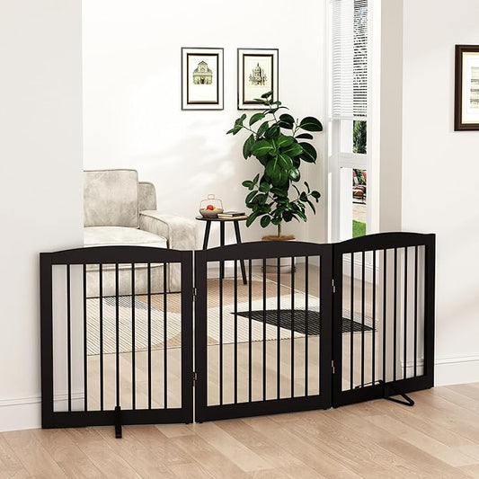 Freestanding Pet Gate for Dogs, Foldable Wooden Dog Gate for House, Indoor Dog Gate for Doorways, Stairs, Gates for Dogs Indoor, Support Feet Included, 24" Height 3 Panels, Brown-PawvioPets