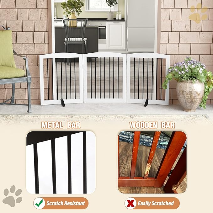 Freestanding Wooden Pet Gate for House, Foldable Indoor Dog Gate for Doorways, Stairs - 24" Height, 3 Panels, White-PawvioPets