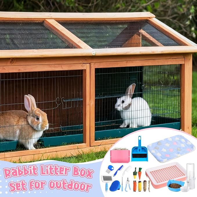 19 Pcs Rabbit Starter Kit Small Bunny Litter Box Rabbit Grooming Kit Water Bottle Bunny Toys Hay Feeder Bowl Blankets with Cleaning Set for Guinea Pig Accessories (Pink-White,Strawberry Bear)-PawvioPets