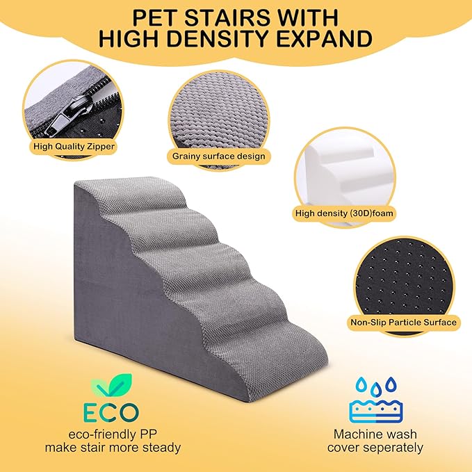 Dog Stairs for Bed and Couch, Non-Slip 5-Step Pet Stairs, 24" High Sofa Foam Dog Ramp - Best for Small Pets, Dogs and Cats with Joint Pain-PawvioPets