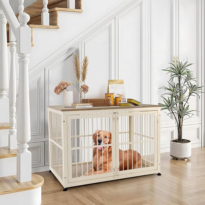 40 Inch Dog Crate Furniture for Large Medium Dogs, Wooden Heavy Duty Dog Kennel with Double Doors, Decorative Pet House Dog Cage Side End Table Indoor, Pet Cage Dog House, Beige-PawvioPets