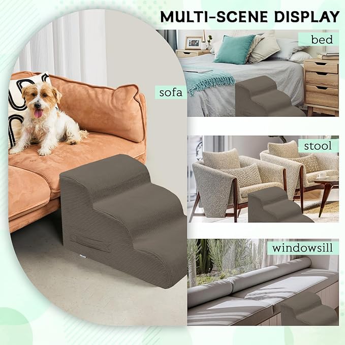 Dog Steps for Small Dogs, 3-Step Pet Ramp Stairs for High Beds and Sofa, Non-Slip Pet Stairs for Small Dogs and Cats, Removable and Easy to Clean Cover, Light Brown-PawvioPets