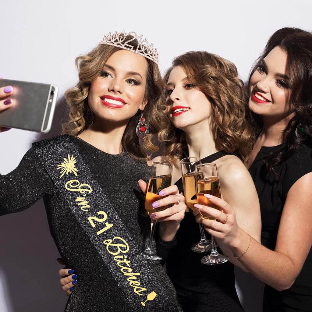 Glitter Black 21st Birthday Sash, Rhinestone Rose Gold Tiara, Cake Topper and Candles, 21st Birthday Decorations for Her