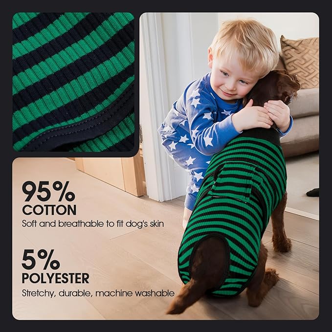 FUAMEY Recovery Suit for Dogs After Surgery,Soft Breathable Dog Bodysuit E-Collar & Cone Alternative Surgical Suit,Male Female Dog Neuter Spay Suits Anti Licking Wounds Onesie Green Black Stripes S-PawvioPets